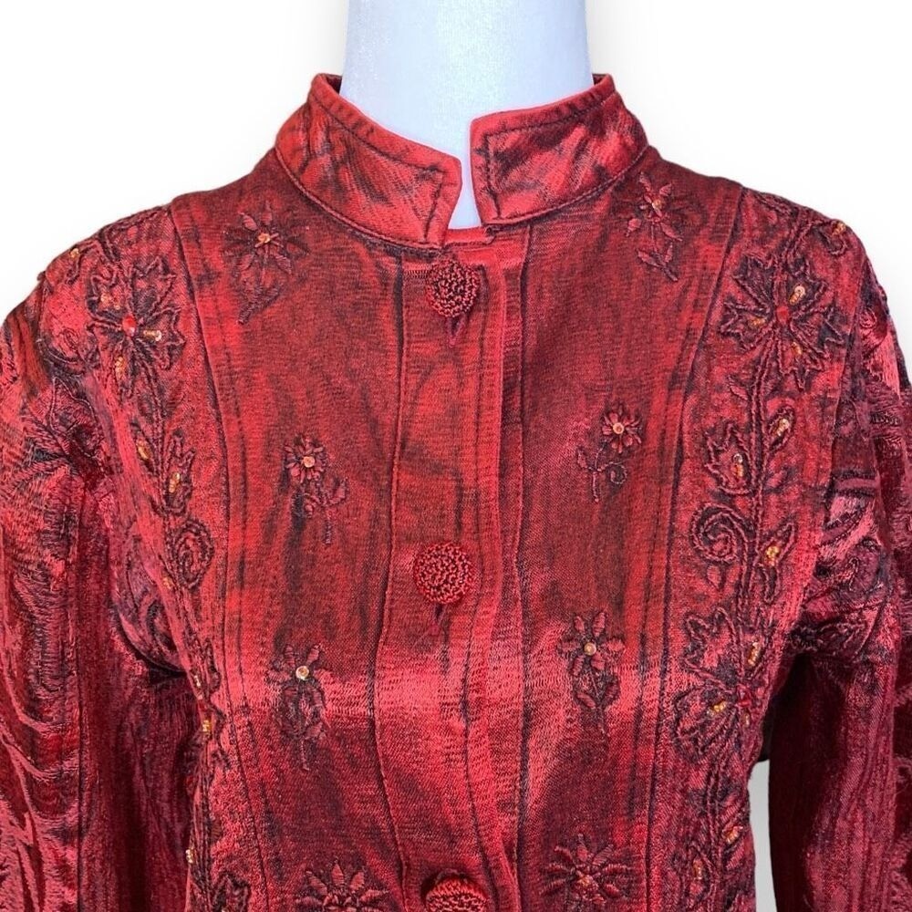 Vintage Flashback Jacket Metallic Cherry Red Floral Detail Lace Embroidery