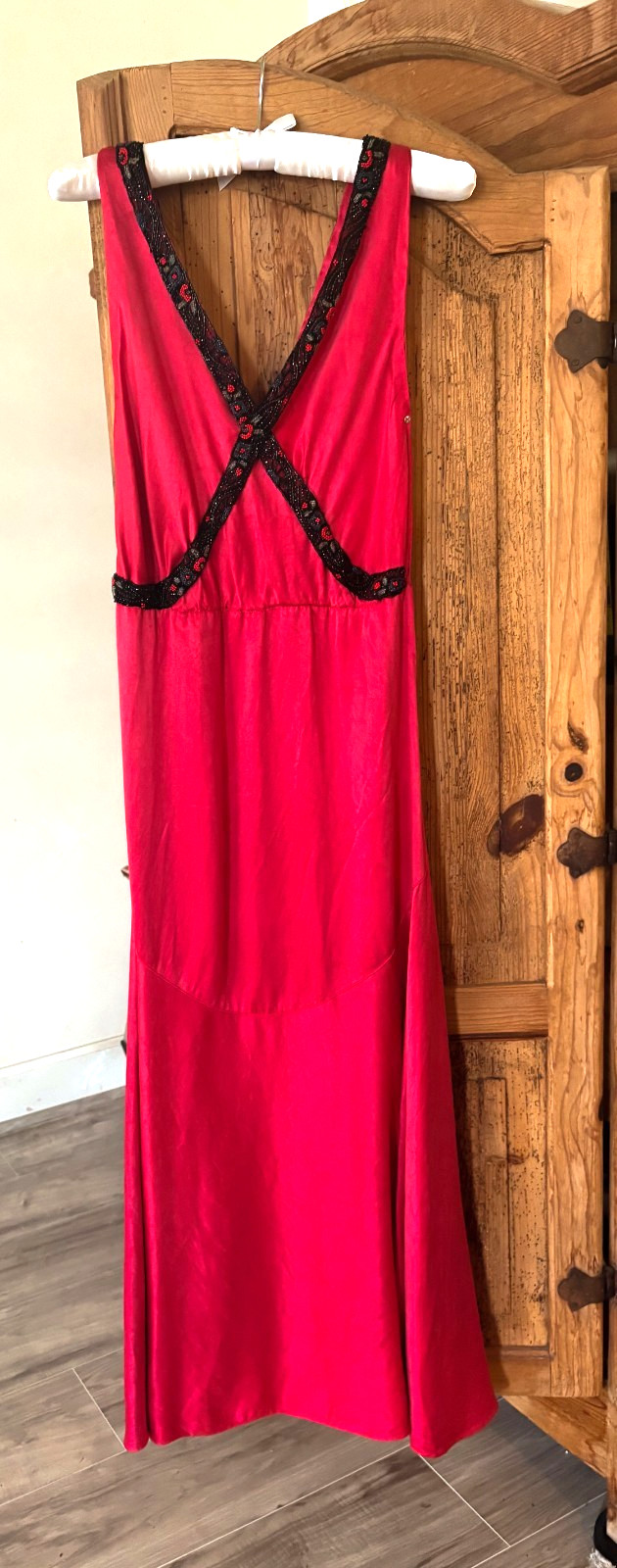 Antique vtg true 1930s red cherry silk beaded trim dress, excellent