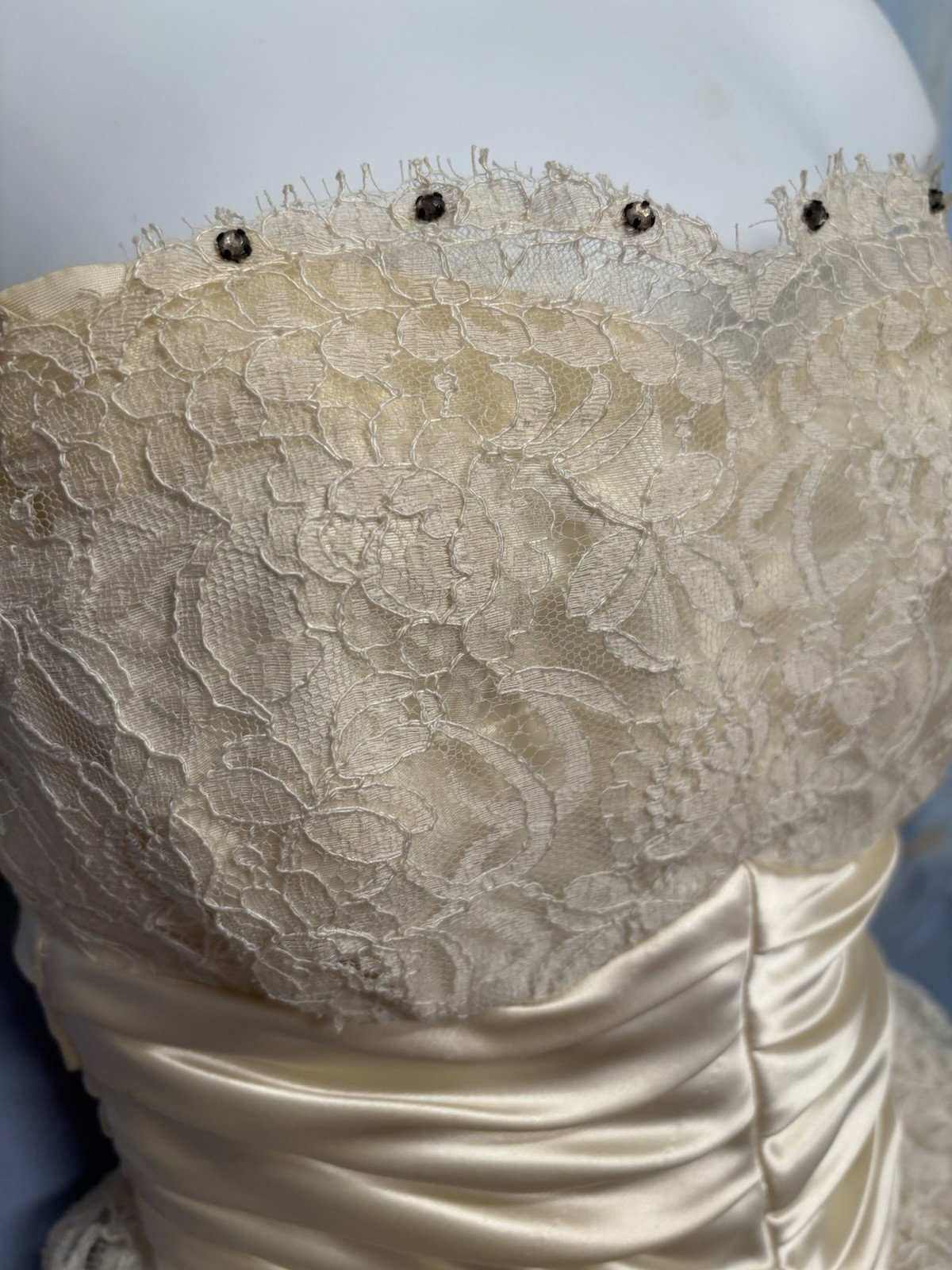 Vtg 1950s Ivory Lace Tulle Bridal Prom Dress Wedding Gown Petticoat Rhinestones