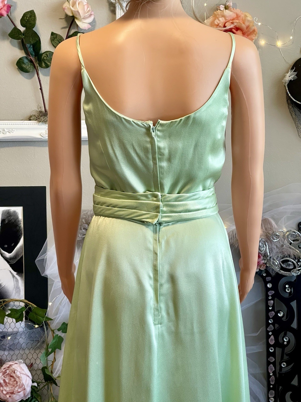 Vintage Satin Light Green Tea-Length Dress | Handmade | Removable Belt