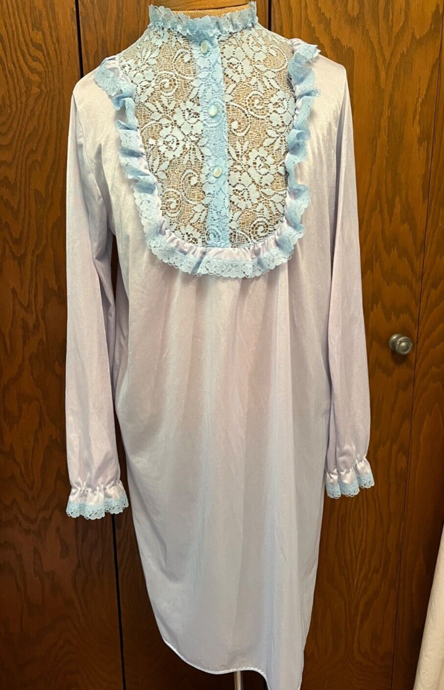 Vintage STARDUST pale blue Nightgown high Lace Collar Victorian Cottage coquette