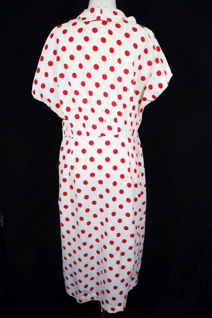 Vintage 1940’s WWII French Red & White Polka Dot Waffle Cotton Dress Plus Size