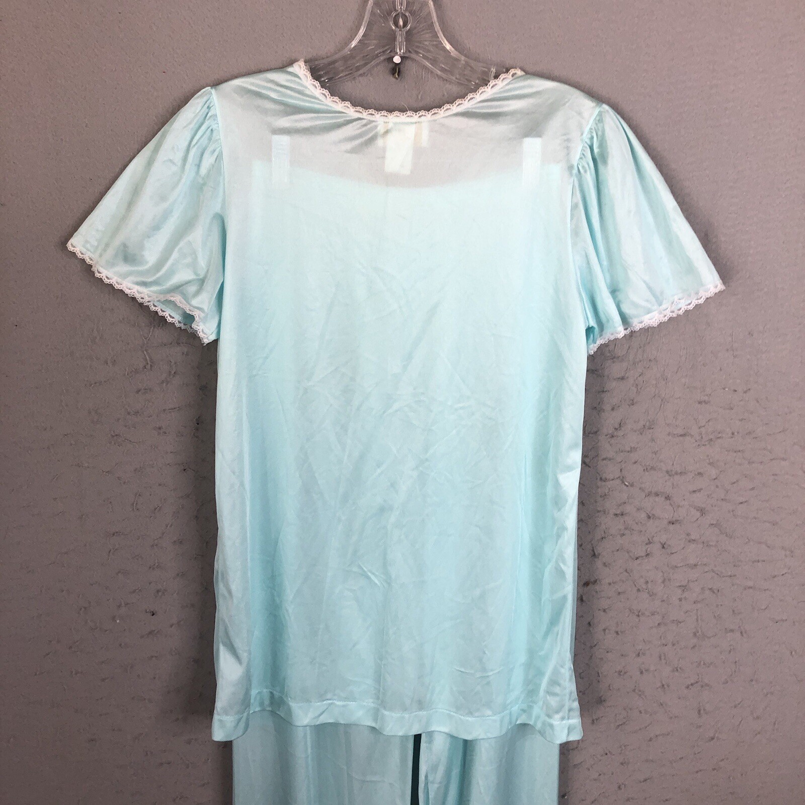 Vintage Coquette Pajamas Womens SMall Blue Nylon Silky Feminine Lace Trim Retro