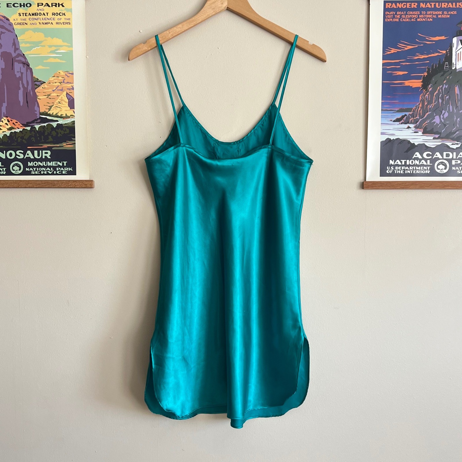 Vintage California Miss Teal Green Satin Chemise Nightgown Lace Trim Medium GUC