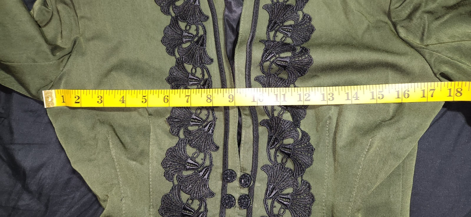 Edwardian Olive Green Jacket Black Embroidered Trim Flower Petals Size Small 90s