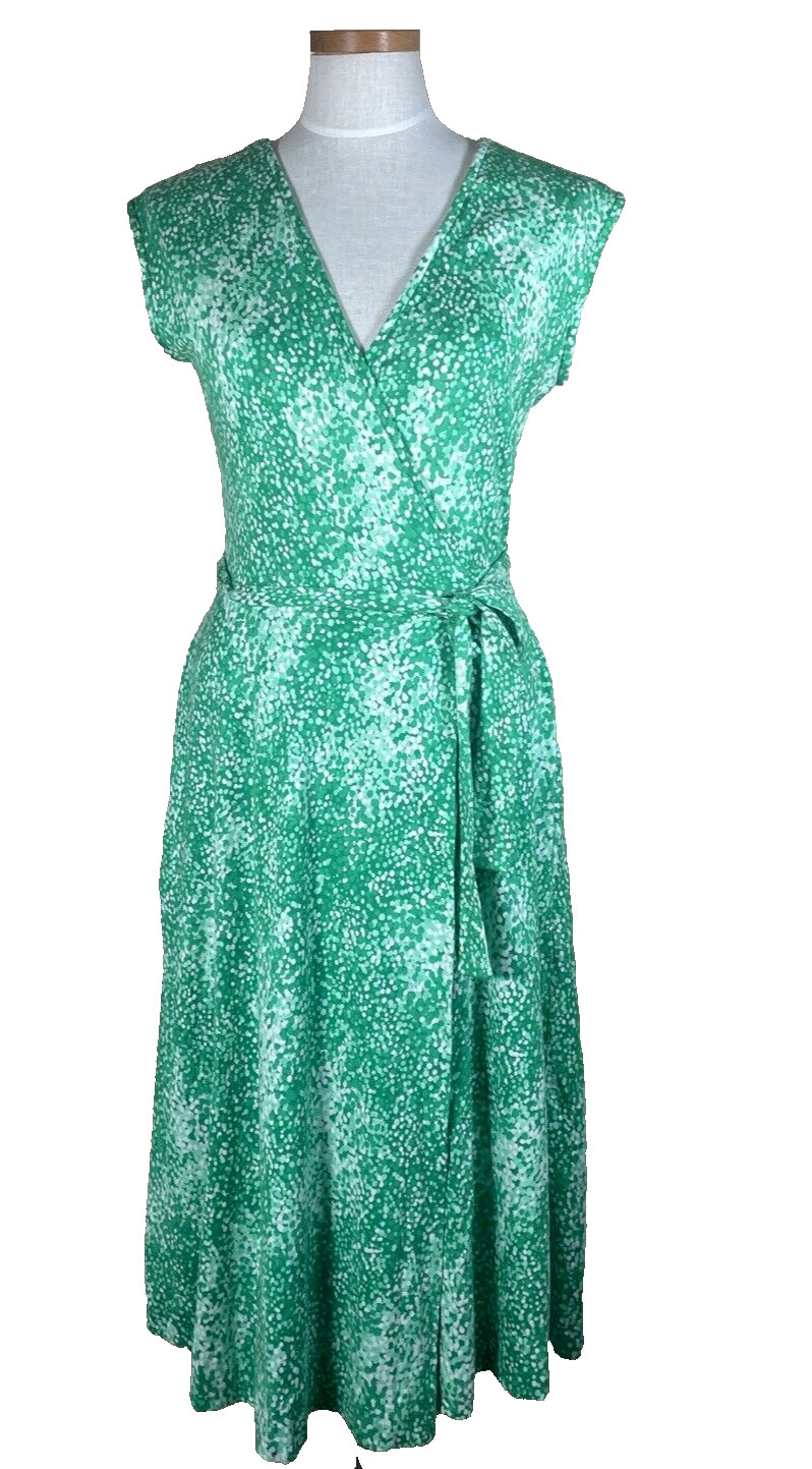 Vintage Eva Robert Janan 1970s Green Print Wrap Dress NOS NWT C-35″ 6 8