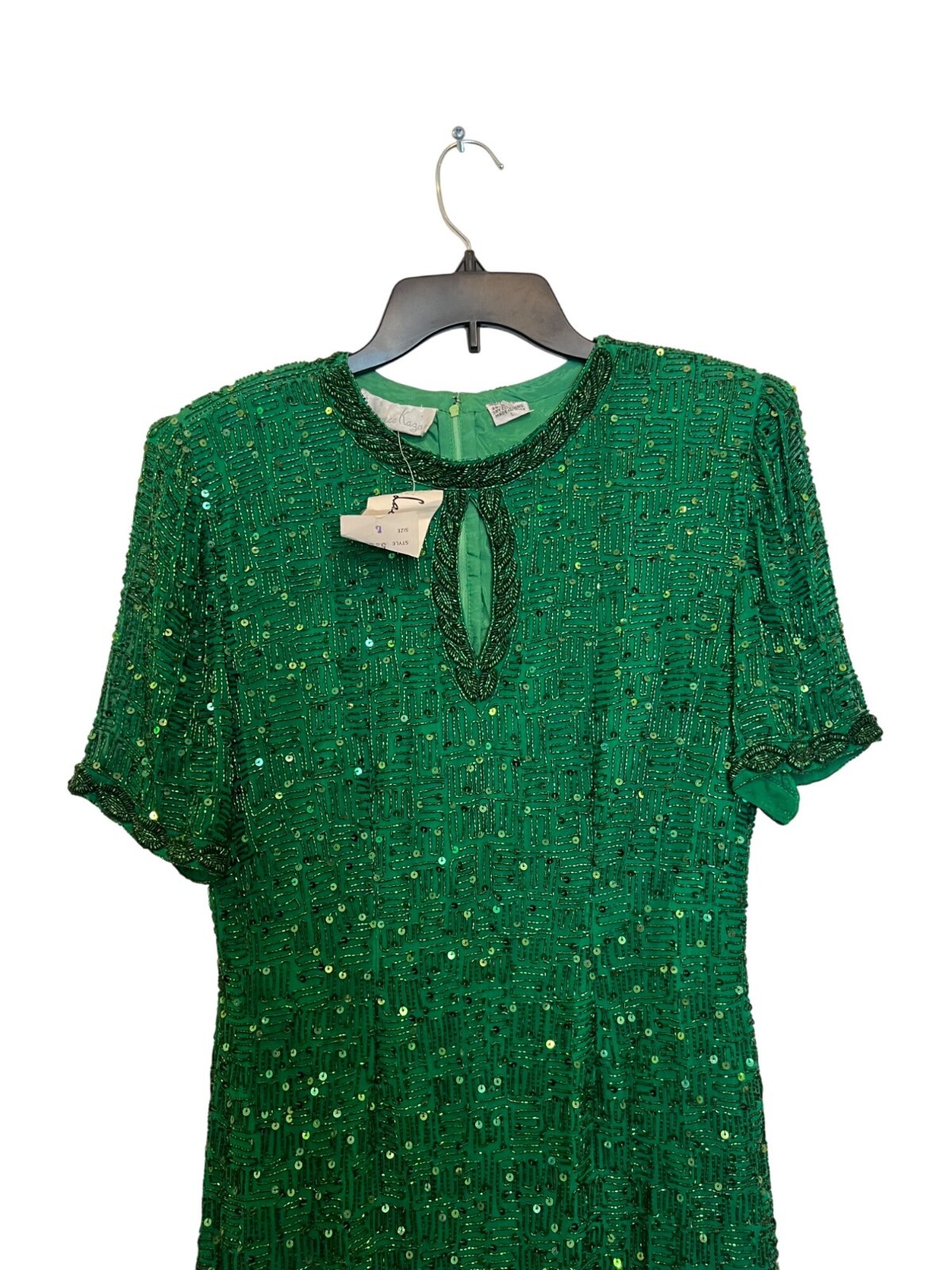 Vintage Lawrence Kazar Green Beaded Silk Dress With Rayon Lining Short Sleeves &