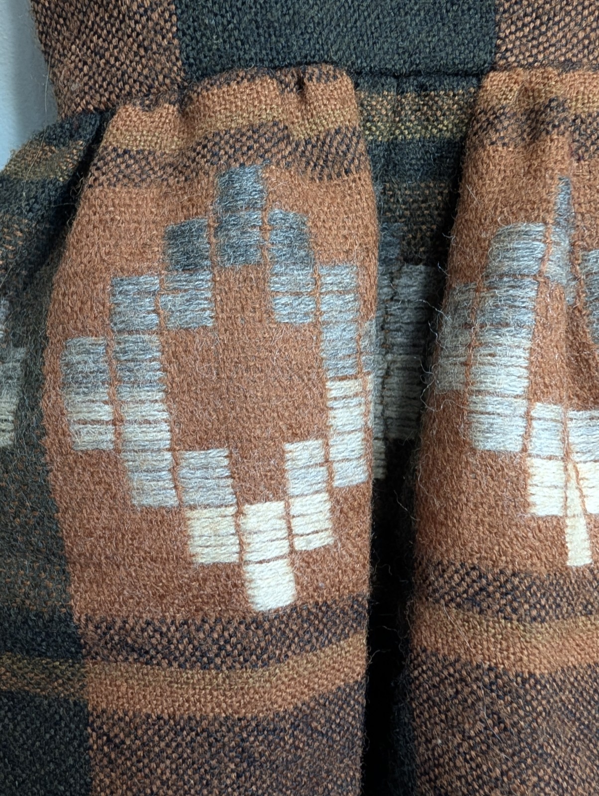 Vintage Southwestern Wool Blend Midi Dress Brown Grey Striped Geometric Waist