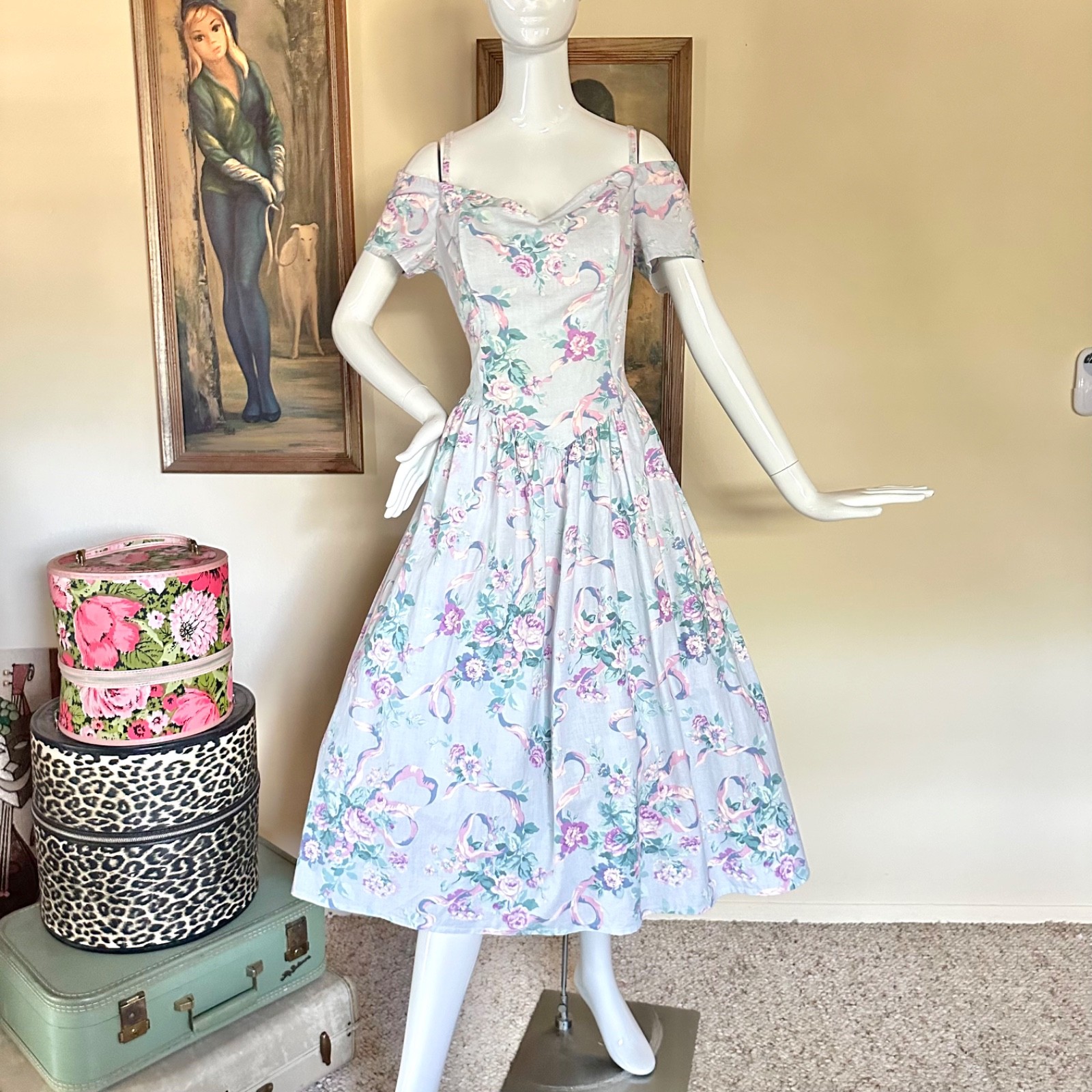 Vtg 1980s Off-Shoulder Baroque Floral Print Fit Party Dress Cottagecore L Volup