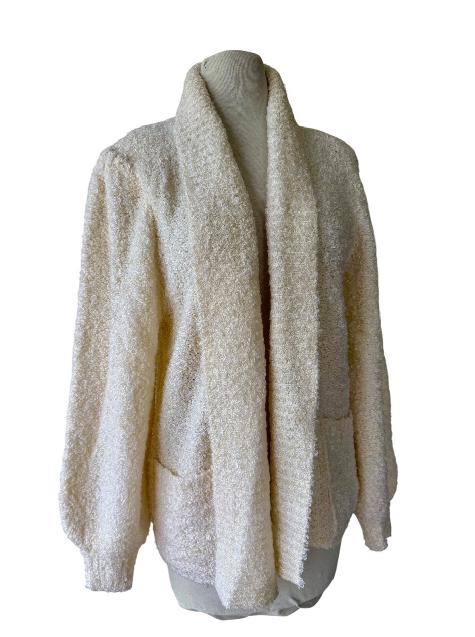 Vtg 80s Adele Joyce White Chenille Boucle Chunky Knit Cardigan Sweater Sz S 90s