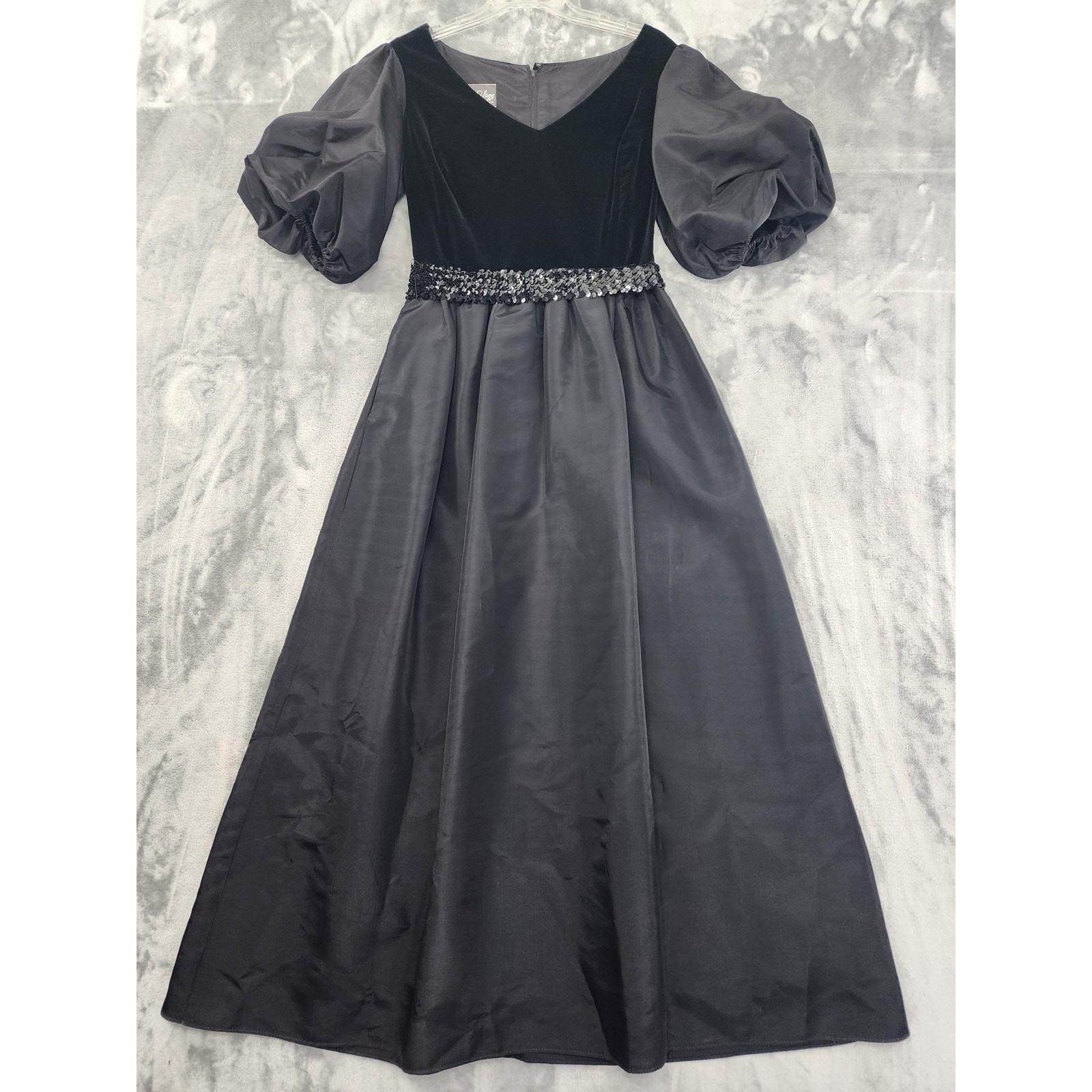 Vintage 60s Edith Flagg Dress Womens S Black Velvet Taffeta Puff Sleeve Sequin