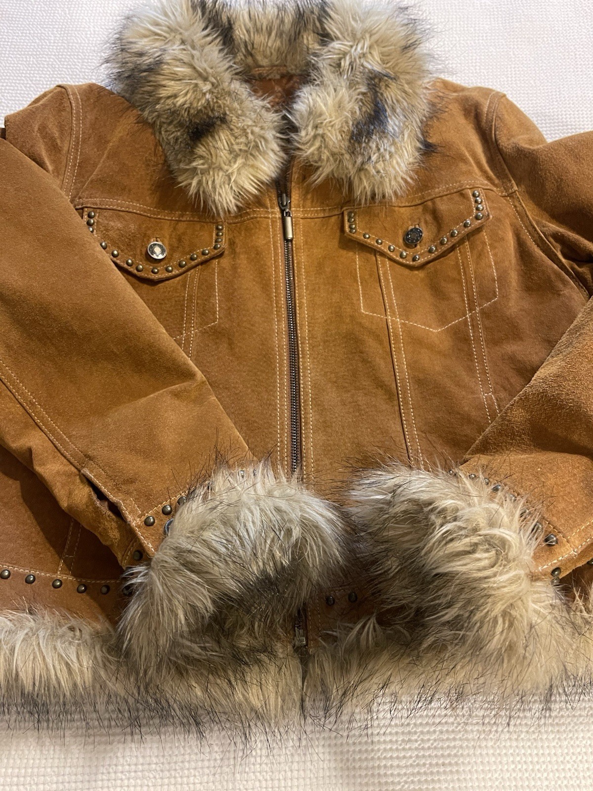 Vtg GIACCA Y2K Genuine Leather Penny Lane Fur Trimmed Studded Full Zip Jacket L