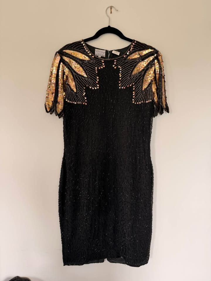 Vintage 80s 100% Silk Stenay Cocktail Dress Silver Black Sequin Beaded Size 12