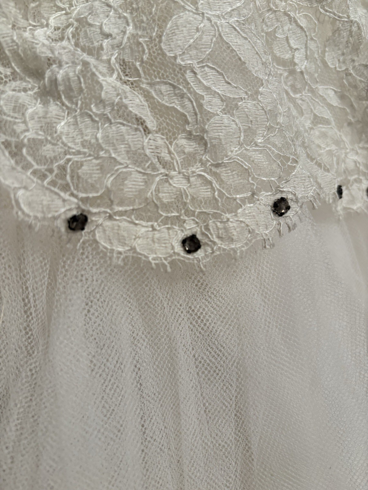 Vtg 1950s Ivory Lace Tulle Bridal Prom Dress Wedding Gown Petticoat Rhinestones