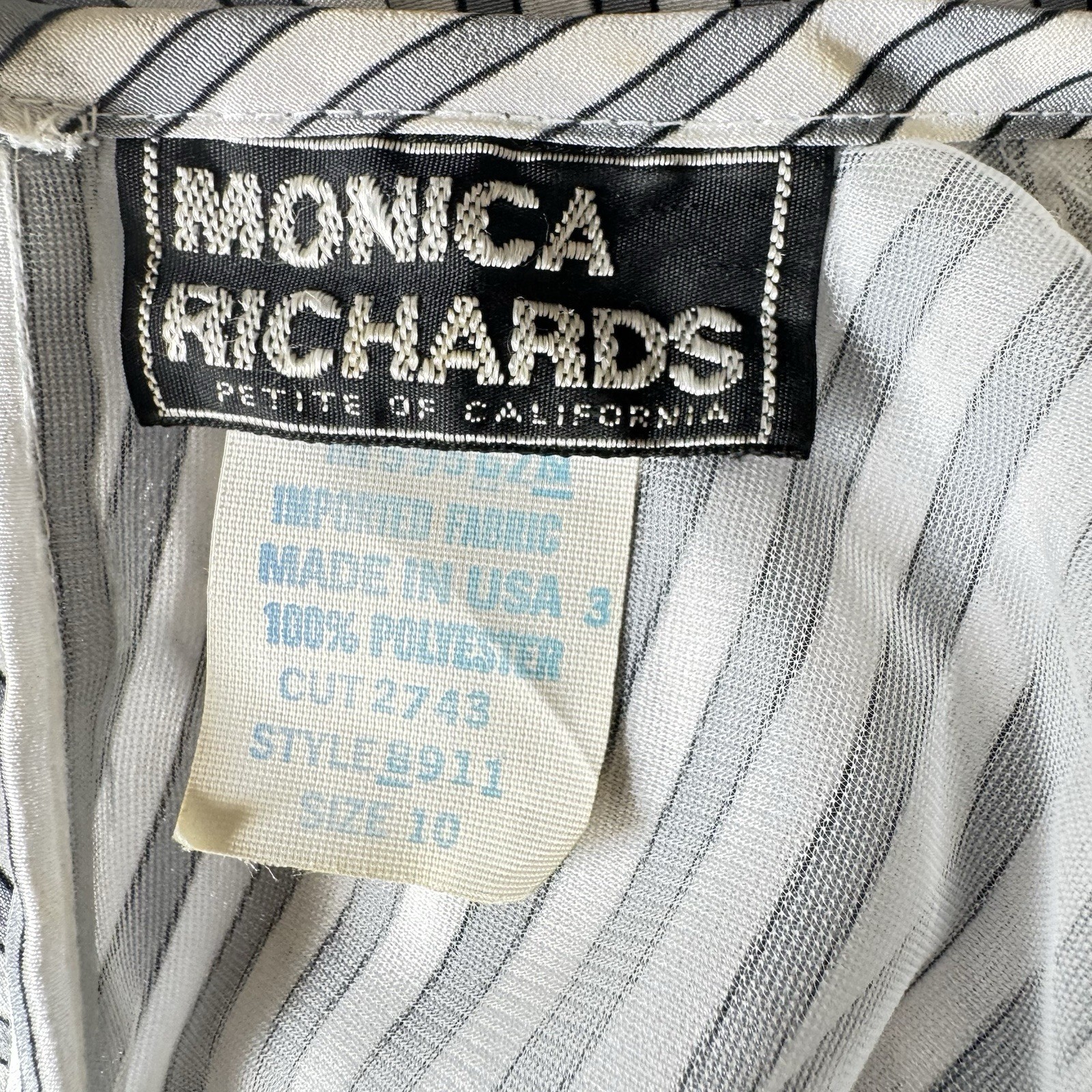 Monica Richards Vintage 80 Pinstripe White Gray Midi Dress 10P Pleated Secretary