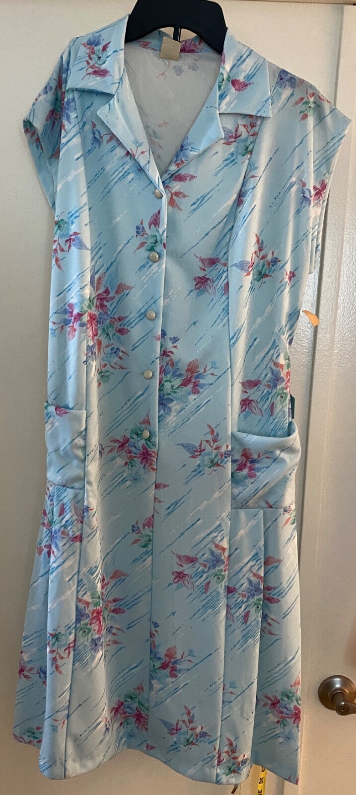 VTG 70s House Dress Women Floral Vneck Collar Button Tie Waist Blue Pink Floral