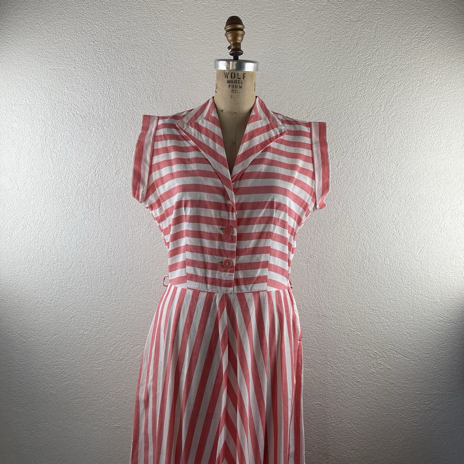 Vintage l 40s M Dixie Lou Frock Chevron Candy Striped Collared Pinup Shirt Dress