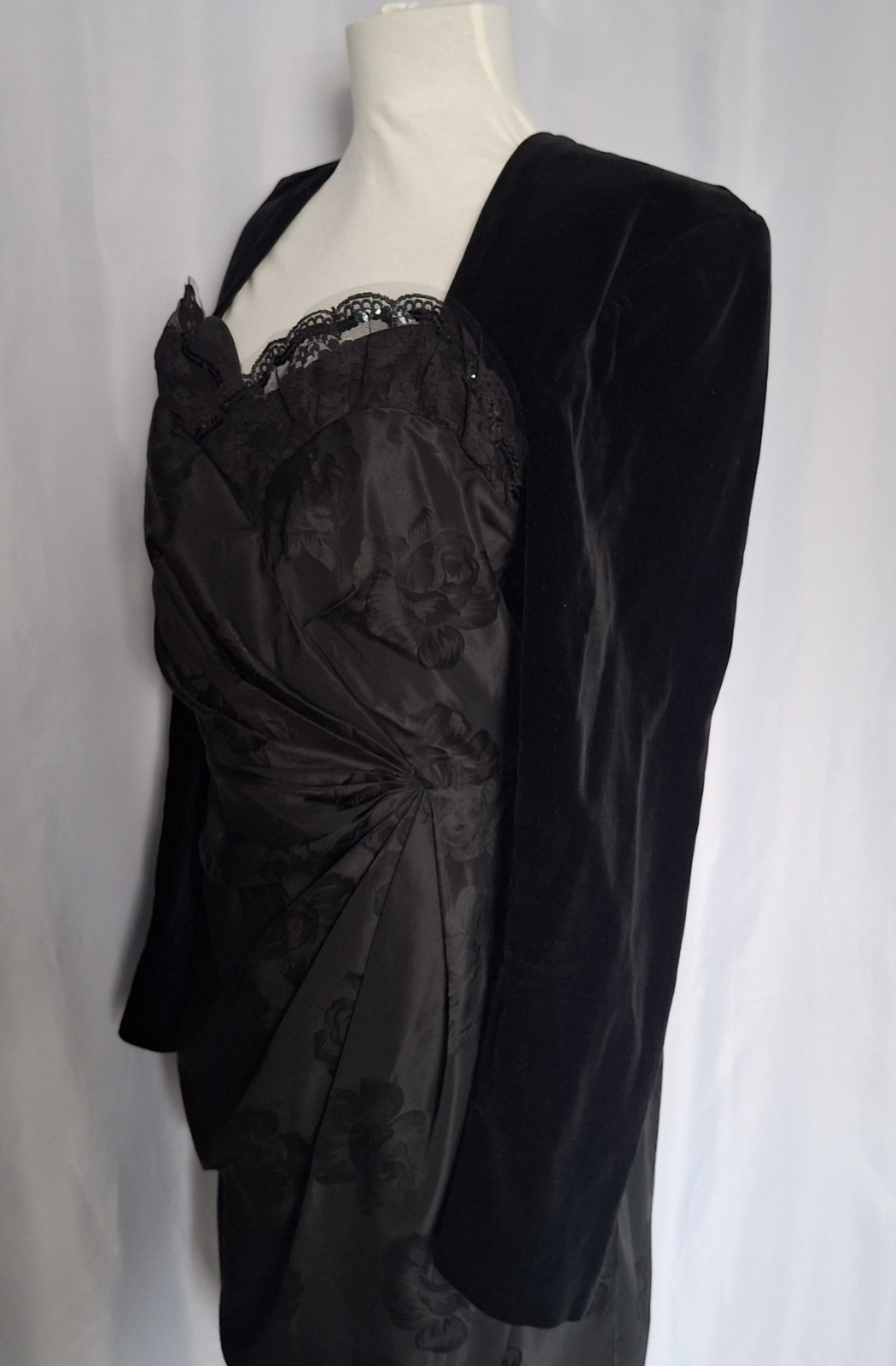 Vtg 80s Does 50s Black Tulip skirt sweetheart bust shirred waist pinup dress 12