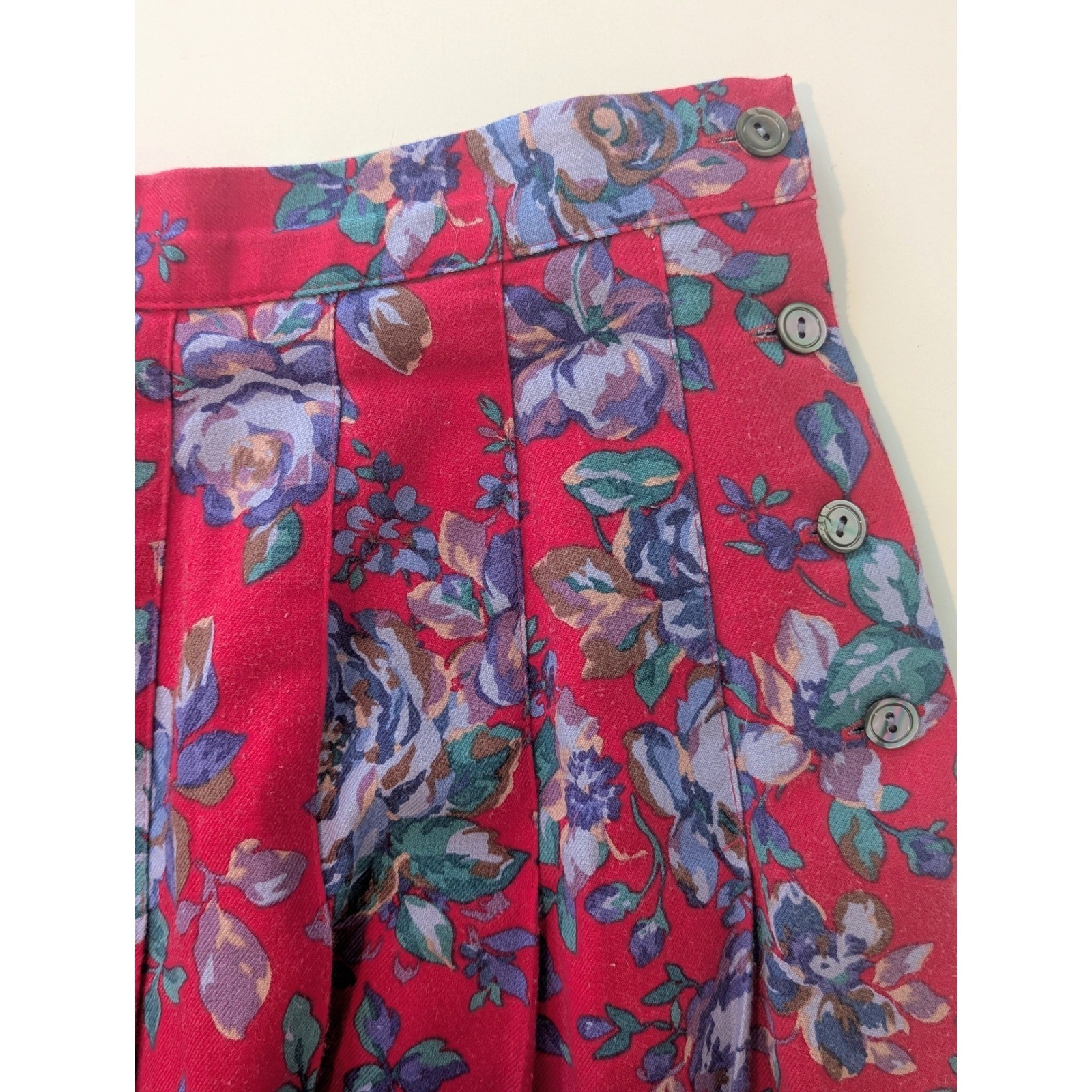 Vintage Laura Ashley Red Floral Cotton Wool Pleated Midi Skirt Made in UK Size 8