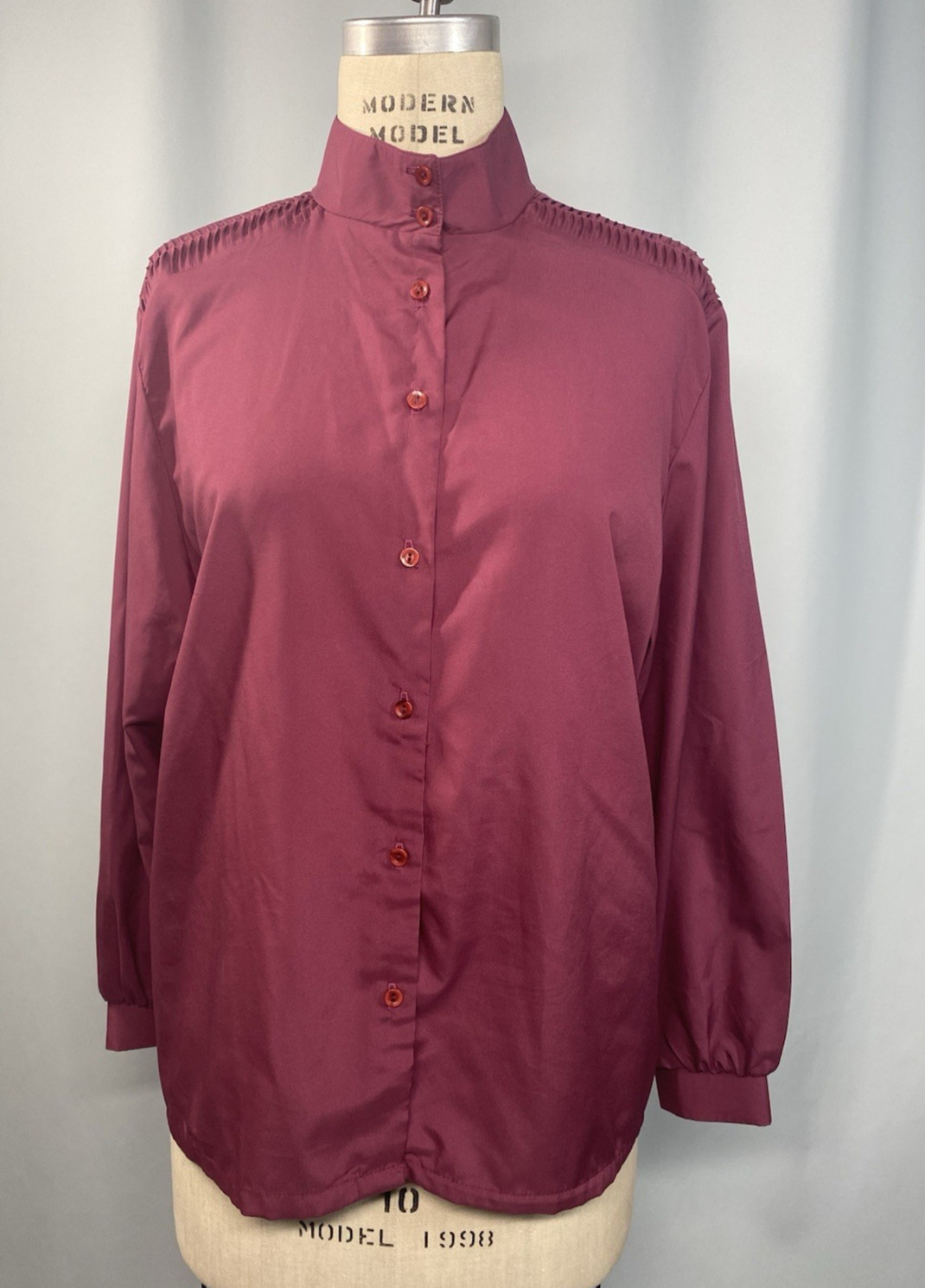 Vintage Blouse SIZE EXTRA LARGE burgundy high neck MISS FASHION 70s 80s classic