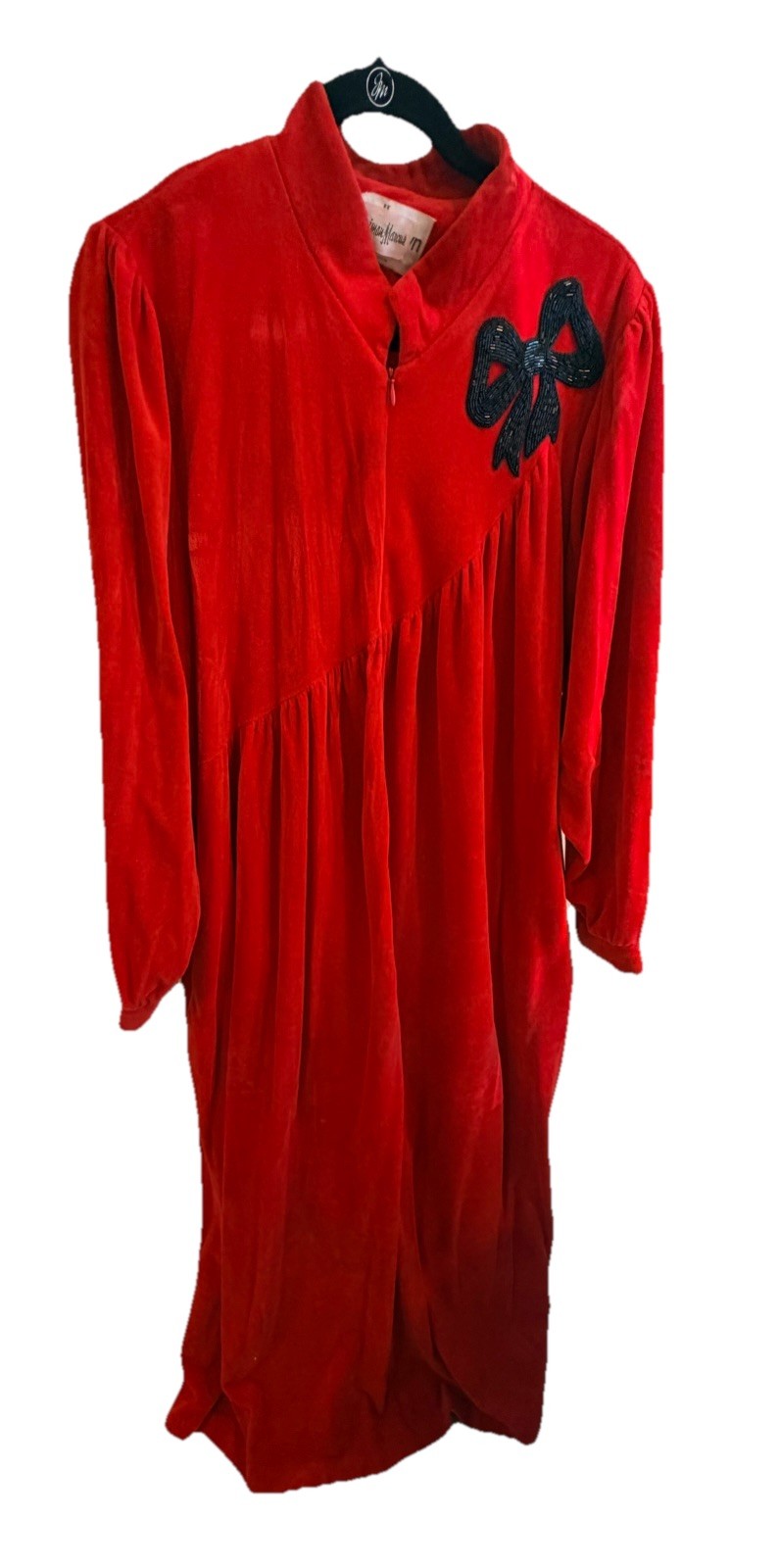 Vintage ‘80s David Brown Neiman Marcus Red Velvet Dress Black Beaded Bow Holiday