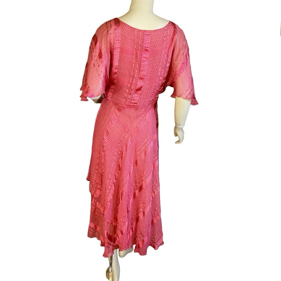 WOMEN’S VINTAGE 1970’S RED, PURPLE & GOLD SILK FARM SILK DRESS SZ S