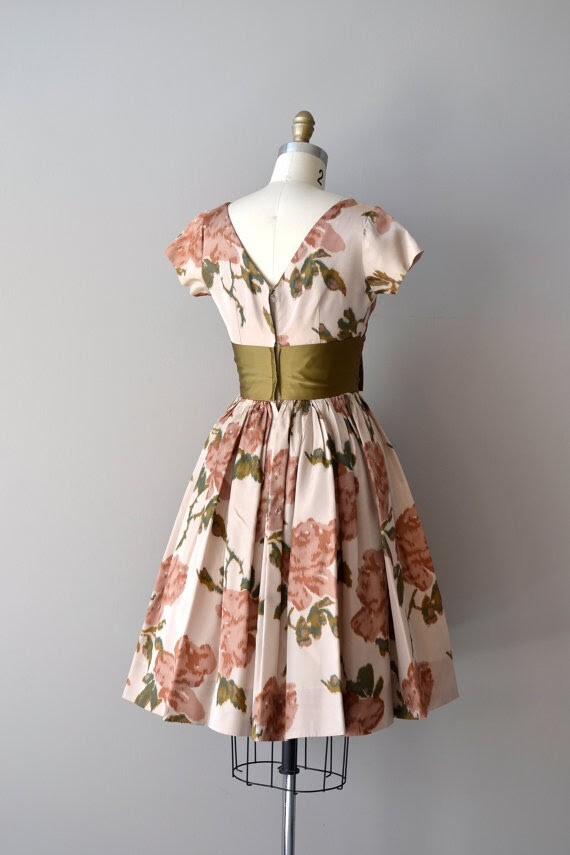 Vintage 1950s Floral Dress XS w Bow Soft Autumn Colors Olive Dusty Peach Blush