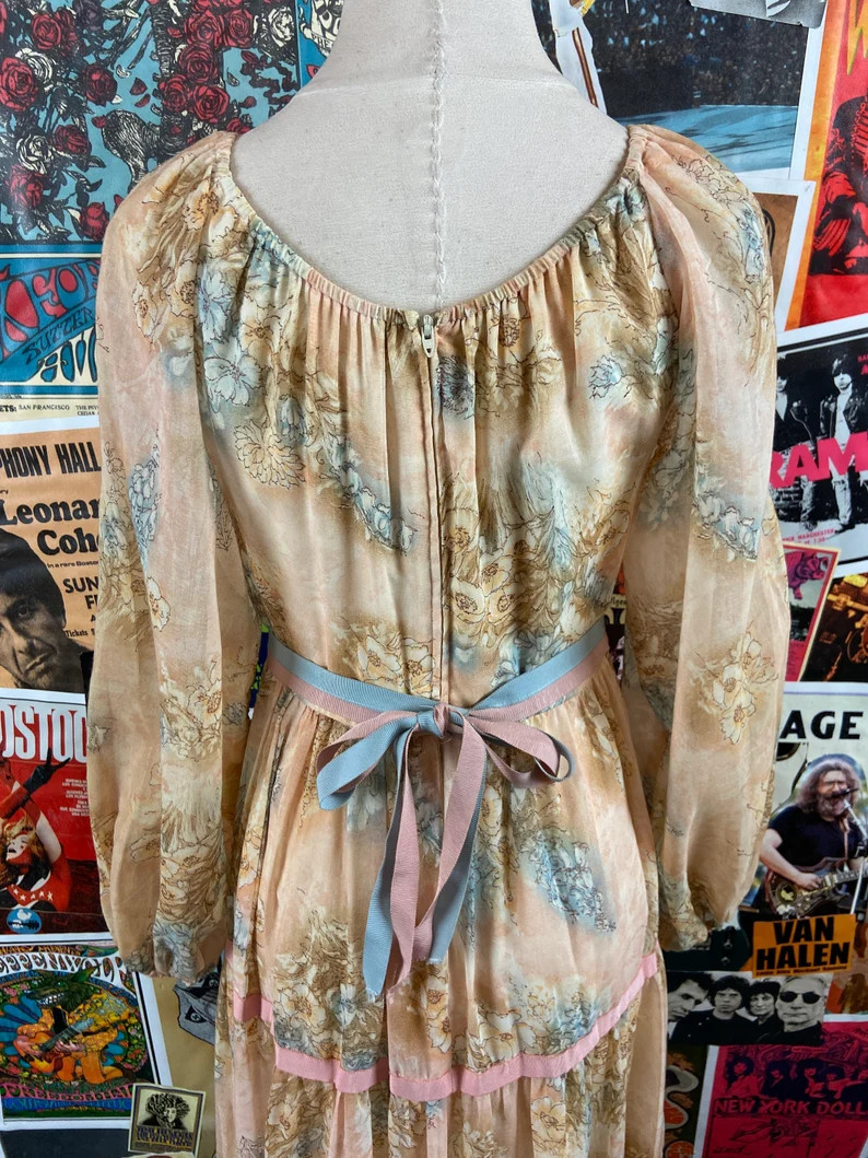 Vtg 70s Peach Pastel Ribbon Floral Spring Long Sheer Sleeve Maxi Dress Womens XS
