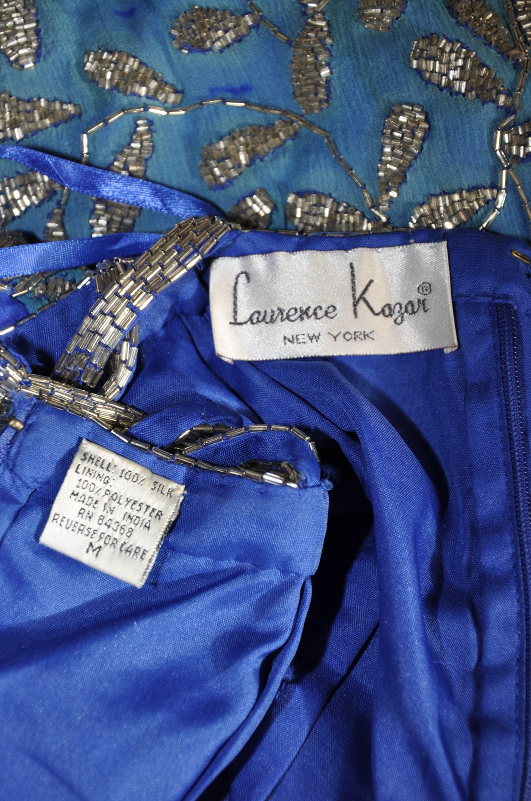 80s Vintage Blue Silk Silver Beaded Jeweled Leaves Backless Halter Mini Dress S