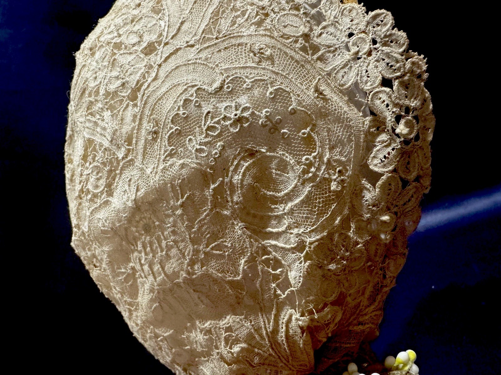 Antique Handmade Point de Gaze Lace Bridal Headpiece With Wax Flowers CreamColor