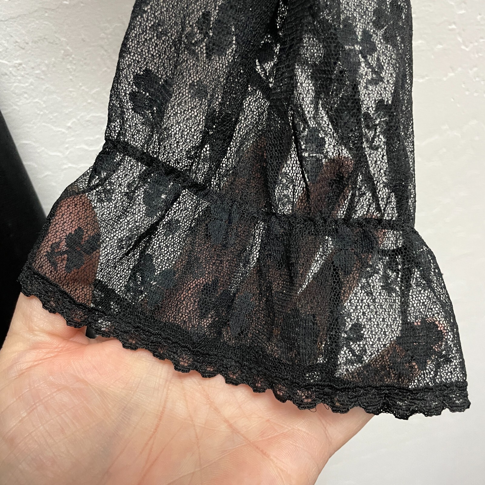 Vtg Jolie Two Nylon Hostess Robe JC Penney Sheer Lace Sleeve M Ruffle Long Black