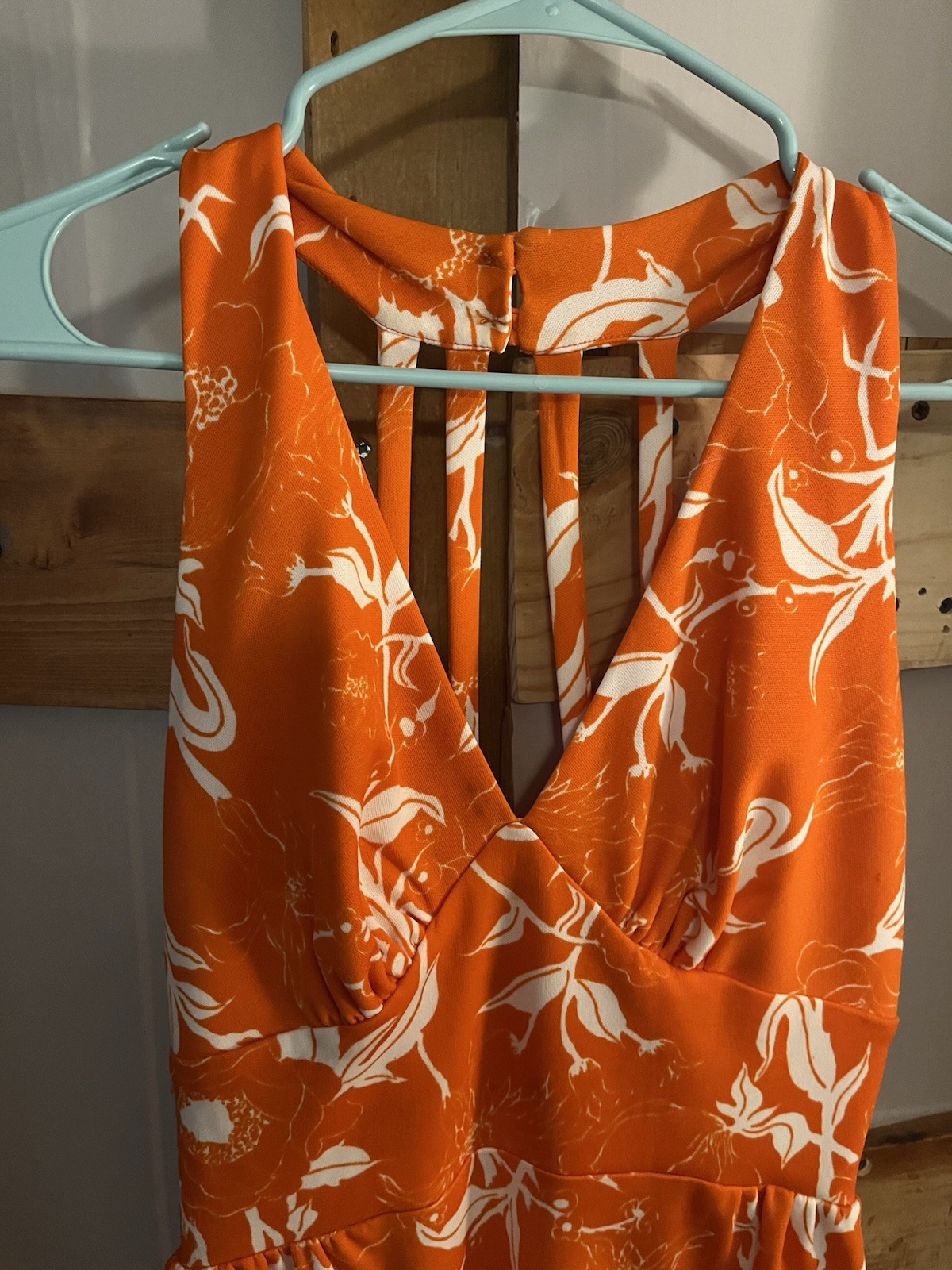 VTG 60s Lou-Ette California Mod Maxi Dress Halter Orange Floral Bombshell 5/6