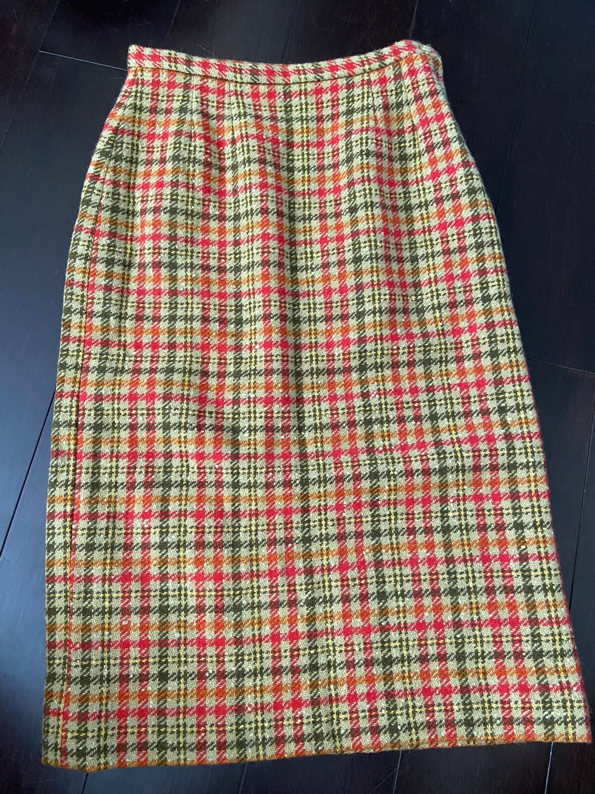 Vtg Miss Pat California Pencil Skirt Women 22” Waist Red Gold Green Plaid Wool ?