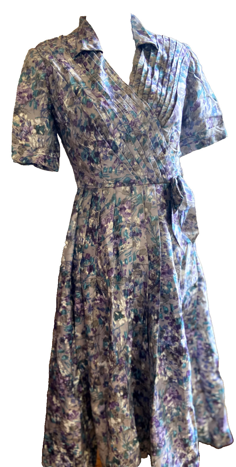 1950 wiggle dress vintage polyester gorgeous pleats purple floral size 8 AU SML