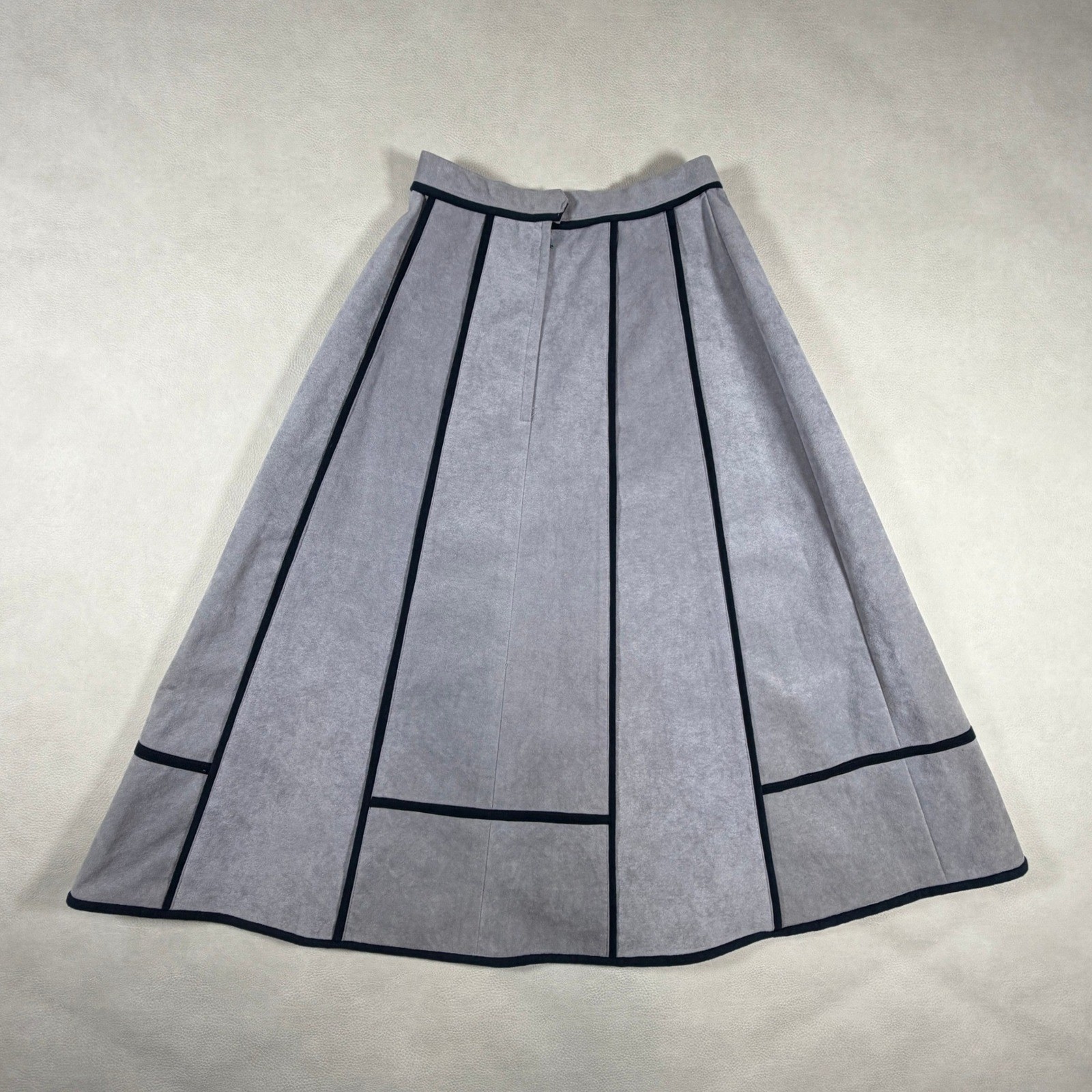 By Clarissa Vintage Ultra Suede Gray A-Line Midi Skirt Black Piping Size 6