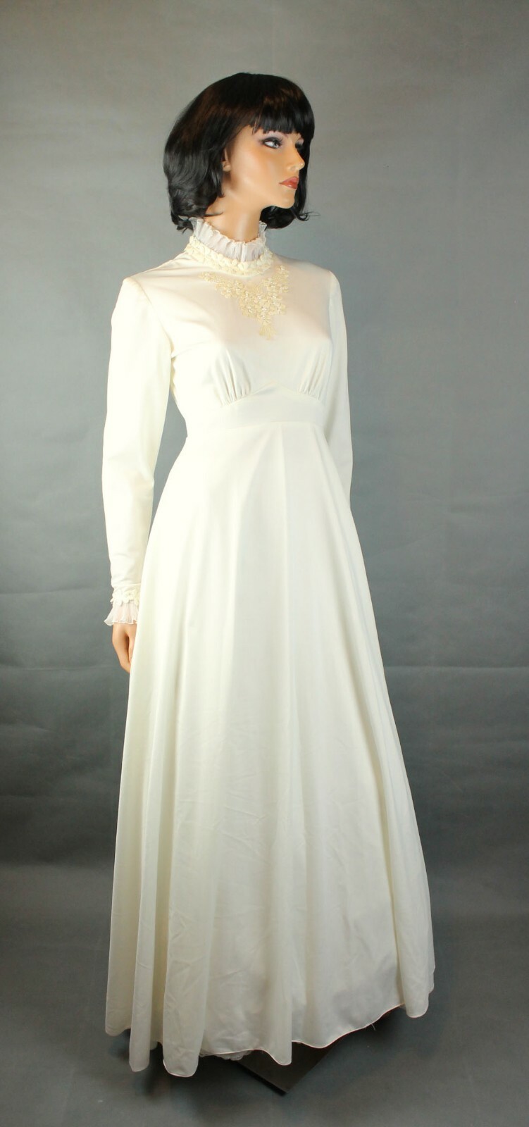 Hippie Wedding Gown Sz XS Vintage Pleated Chiffon Long Sleeve Lace Beads Dress