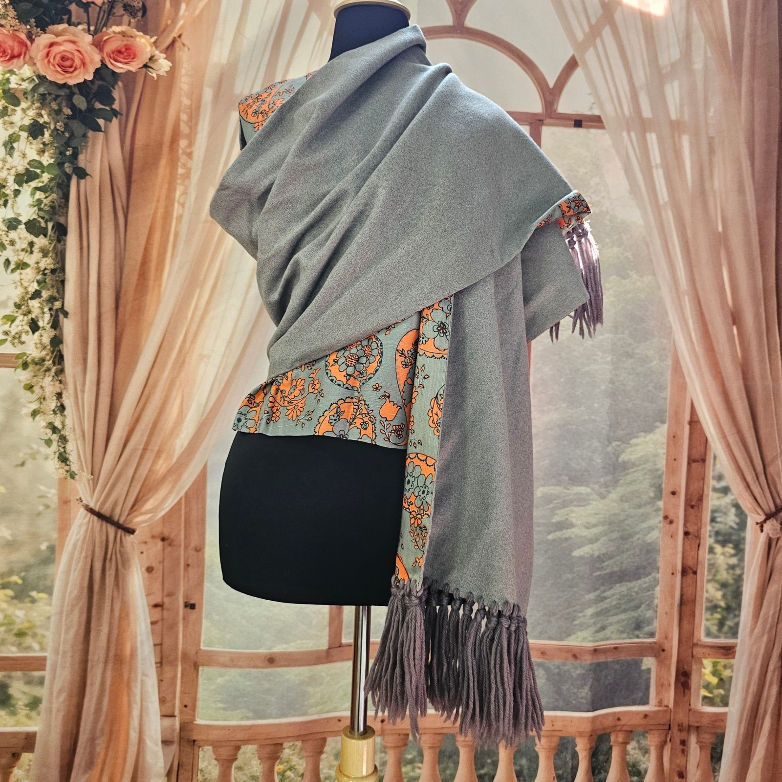 Vintage 1960s Paisley Dress Set Shift Top Blouse Fringed Shawl Grey Orange Mod