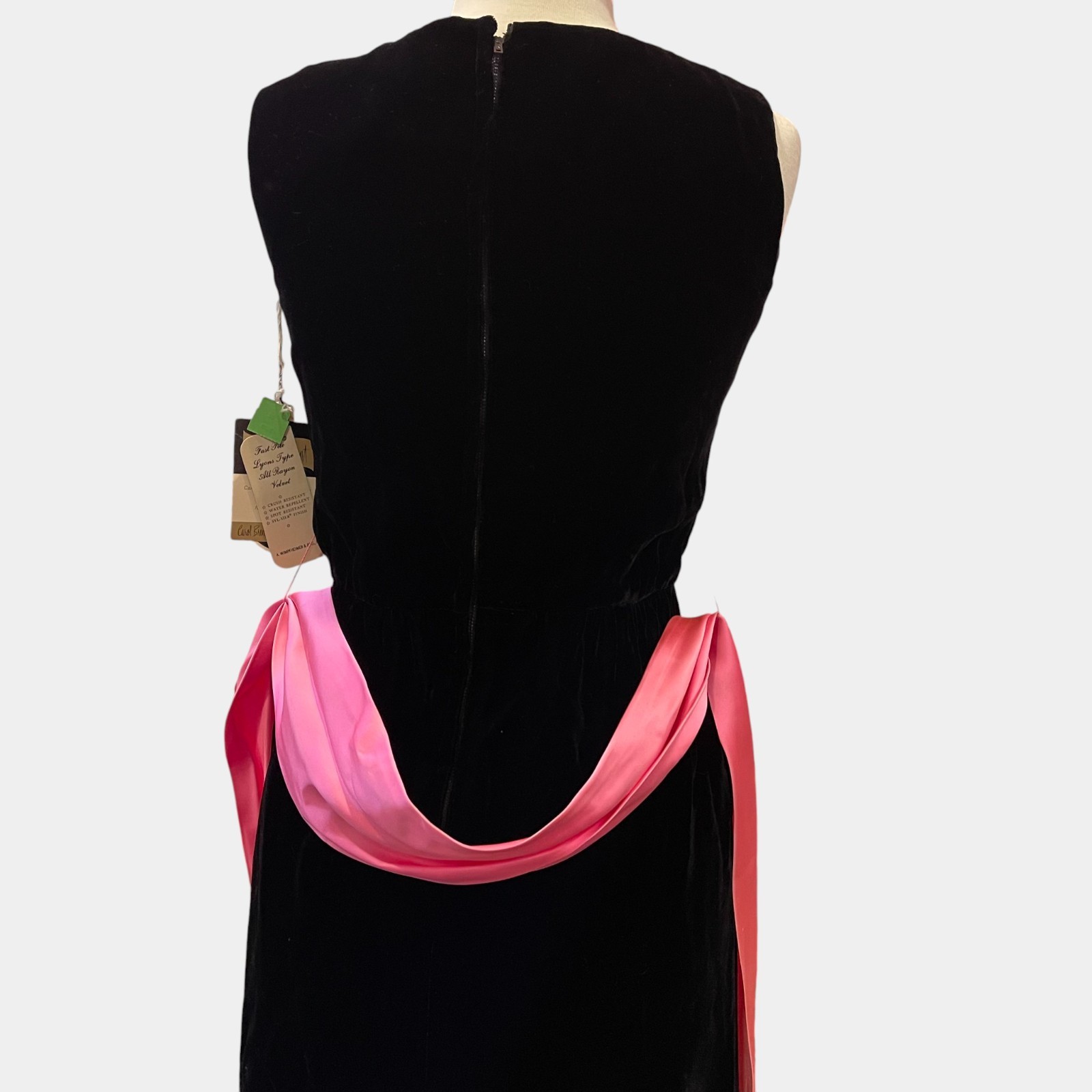 Vintage Carol Brent Black Velvet Dress Pink Satin Sash Rhinestone Buttons NOS