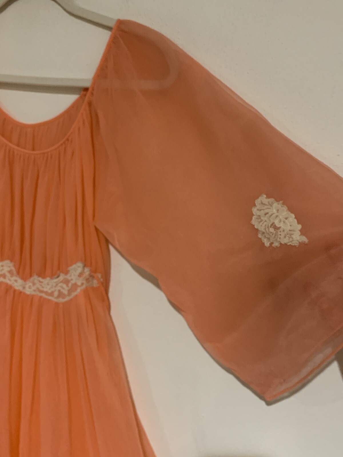 VTG S M Nightgown Orange Double Chiffon Nylon Lace Trim Tie Back Ro-Vel Calif