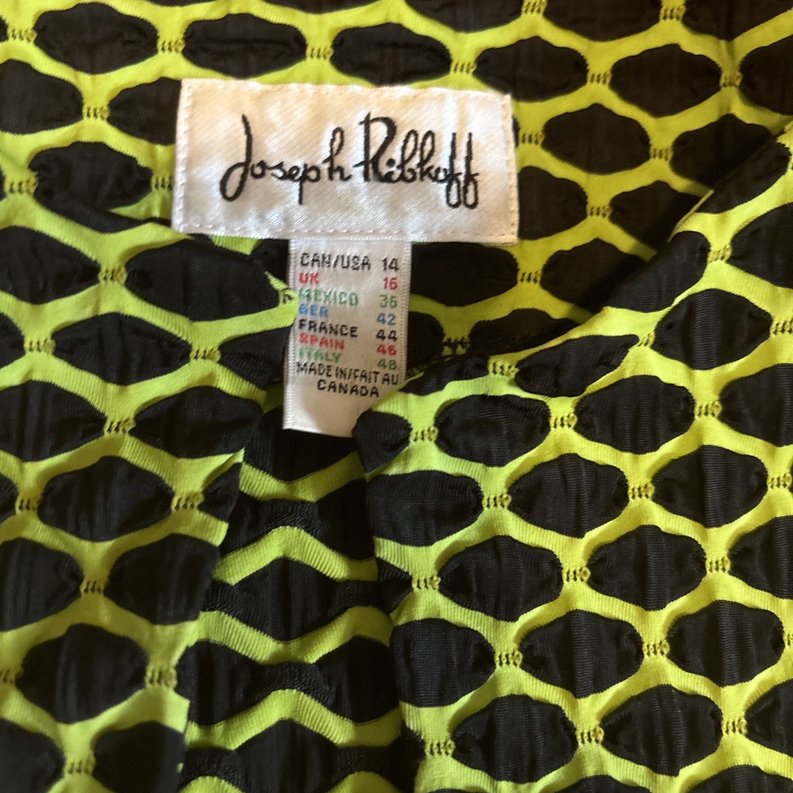Y2K Joseph Ribkoff Stretch Lime Green Black Toggle Button Swing Blazer Jacket 14