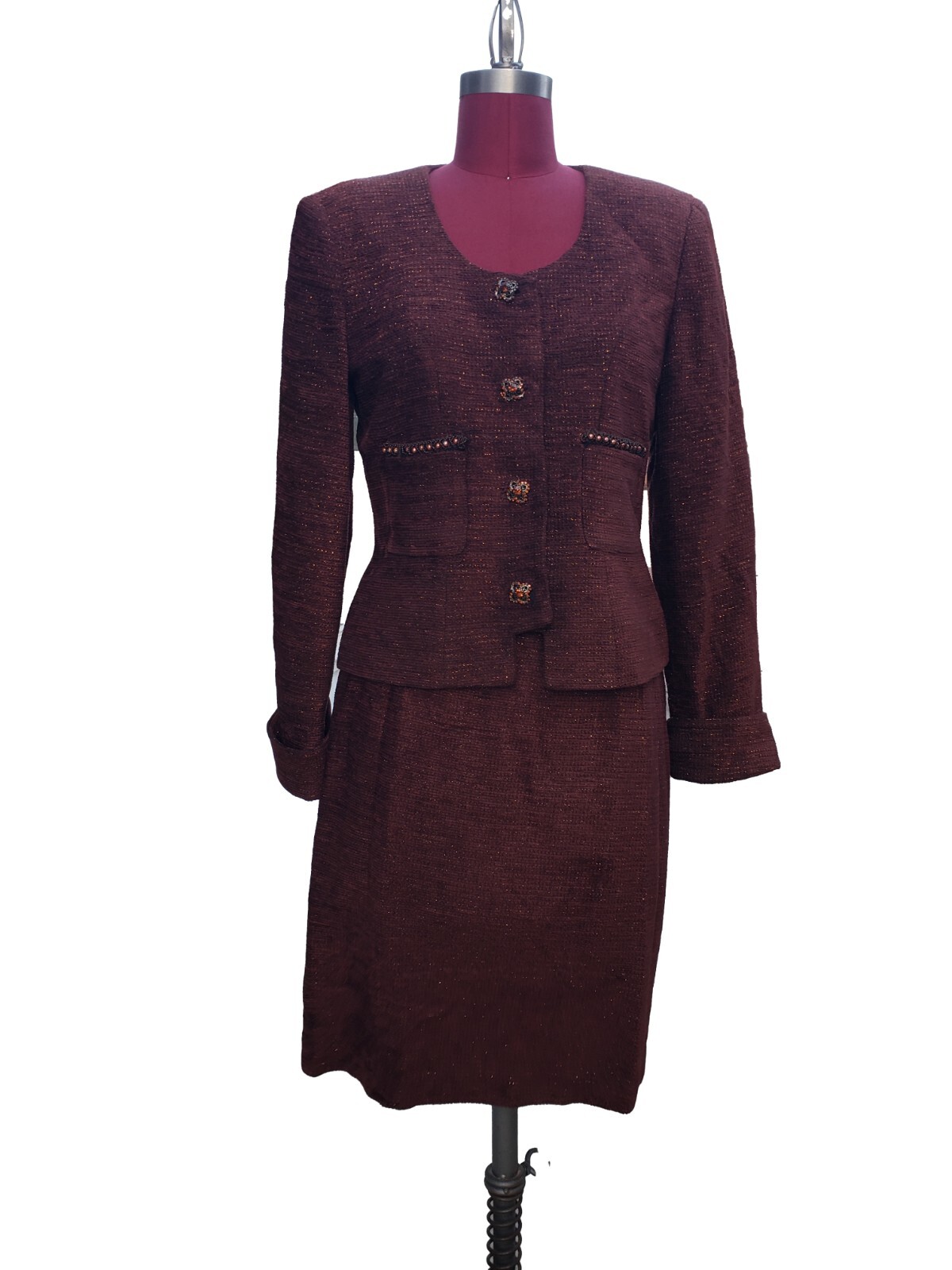 Vintage Criscione Skirt Suit Brown Velour Tweed Lurex Jewel Button 2 Piece Small
