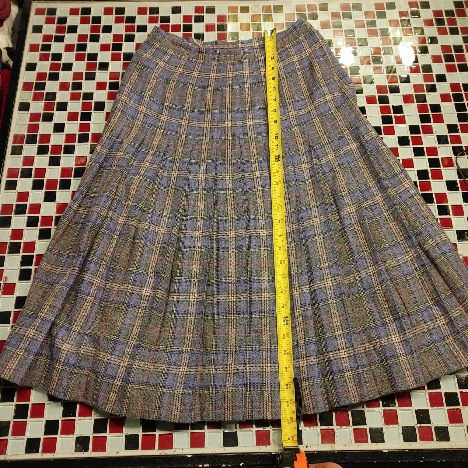 VTG 70’s Women’s PENDLETON ~ Sz 10 ~ Wool Plaid Check GREY BLUE PINK Scarf SKIRT