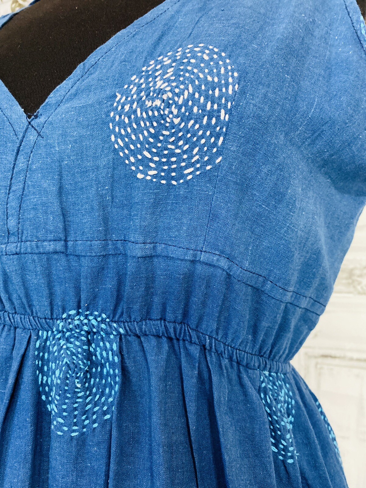 HANDMADE INDIGO KANTHA/SASHIKO EMBROIDERY GEOMETRIC MAXI DRESS SKILLED ARTISANS