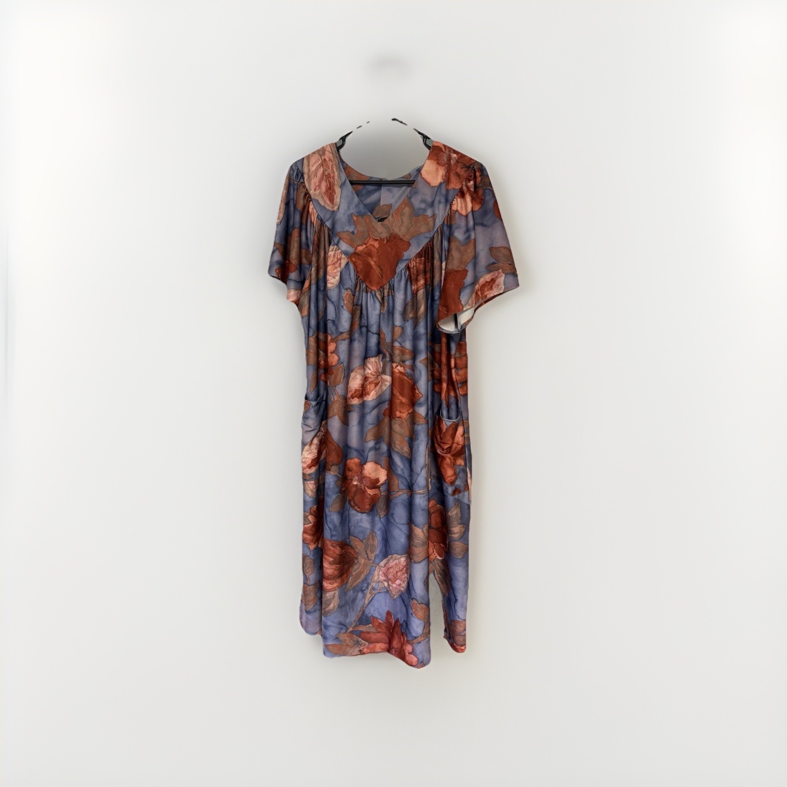 Vintage 70’s brown & blue floral Pull Over MUMU XL 2XL house dress boho RETRO