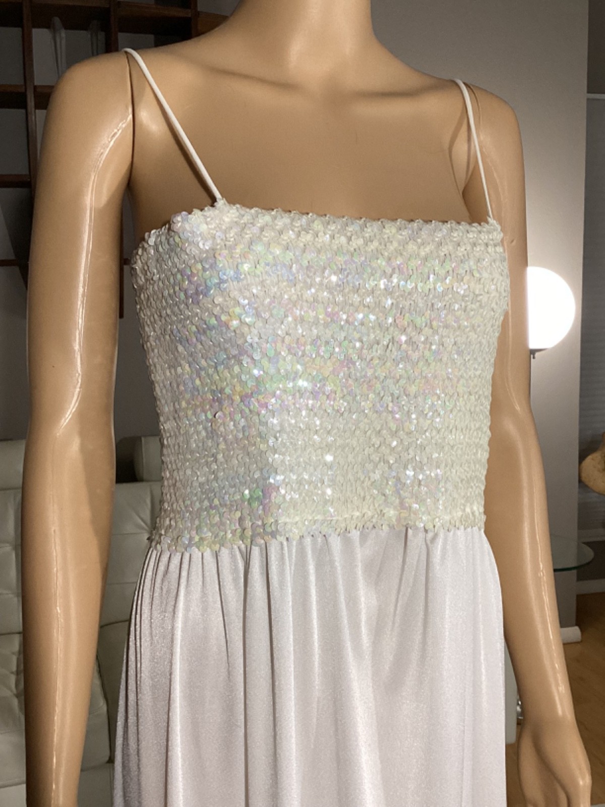 Vintage NOS Denise Fashions Iridescent Sequin White Sleeveless Maxi Party Dress