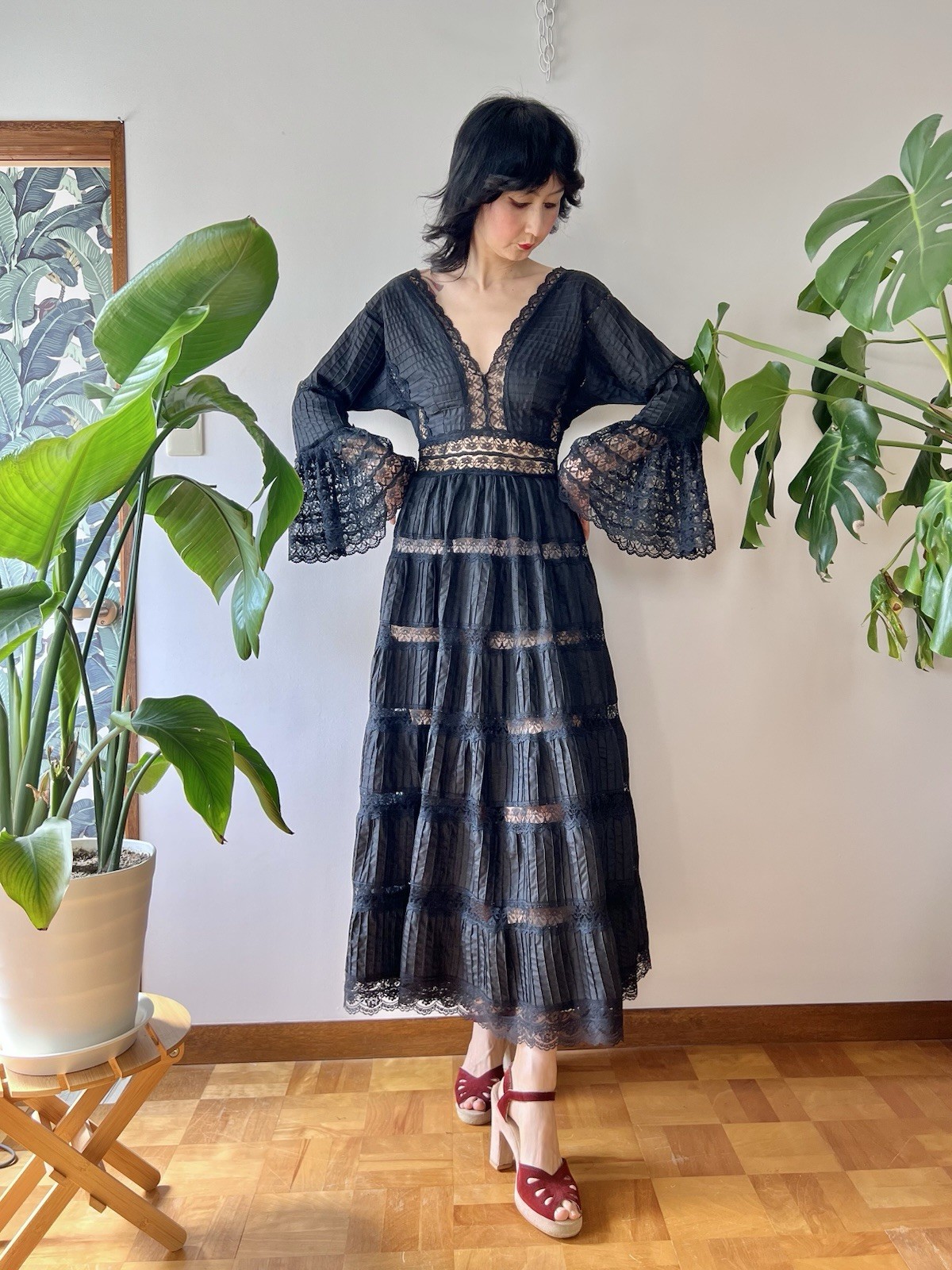 VTG 60s Mexican Wedding Dress Black Lace Pintuck Bell Sleeve Maxi S/M Boho Hippy