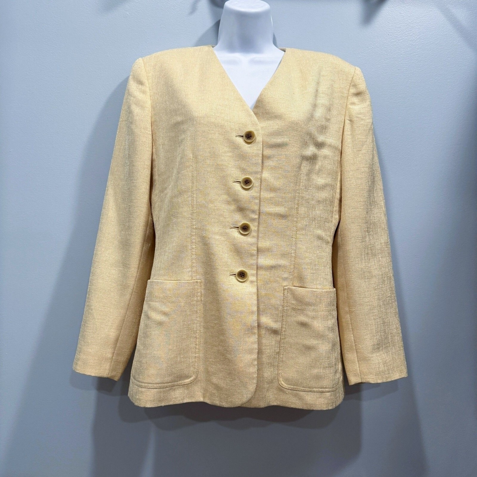 VTG Kasper 2PC Pant Suit Linen Look Pleated Lined Pockets Yellow Career Size 6P