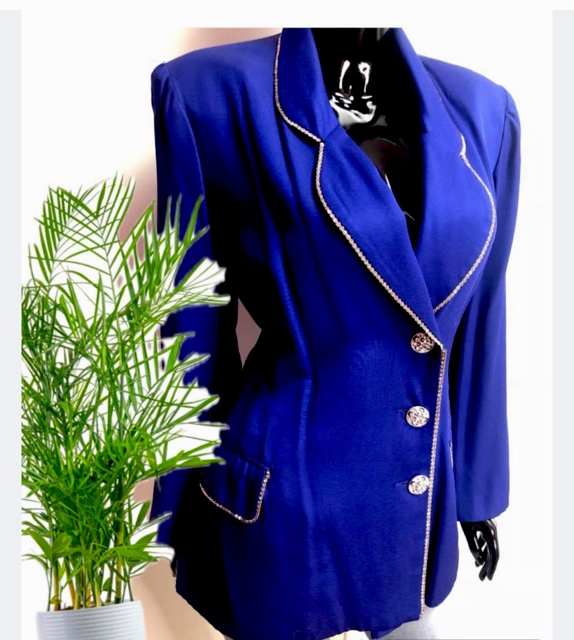 VINTAGE BLUE JACKET & SKIRT SET WITH RHINESTONES BY STELLA LOUISE FOR KB. SZ. 8