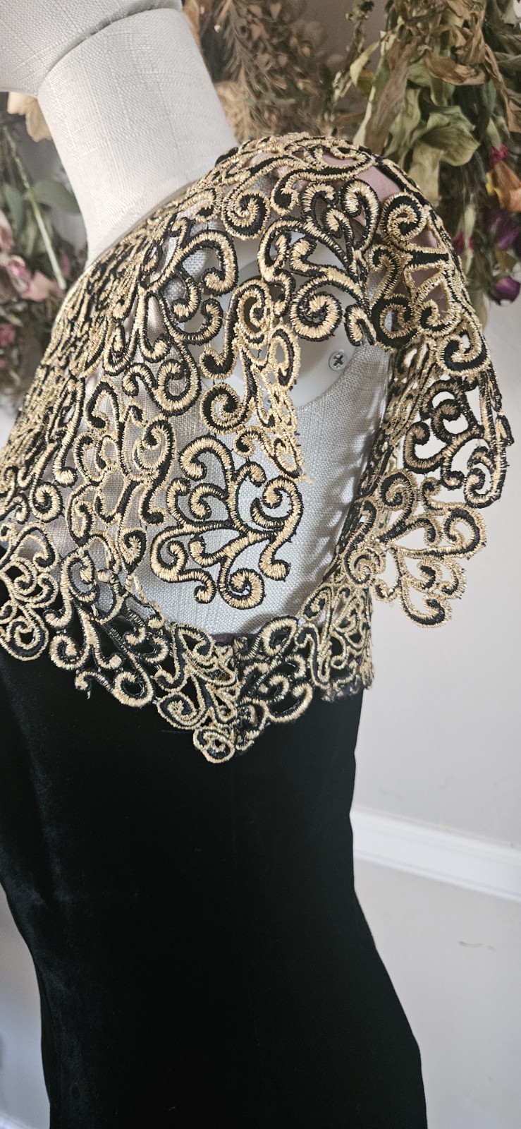 Vintage 1990s Tadashi Black And Gold Velvet Dress Mkd Sz 6