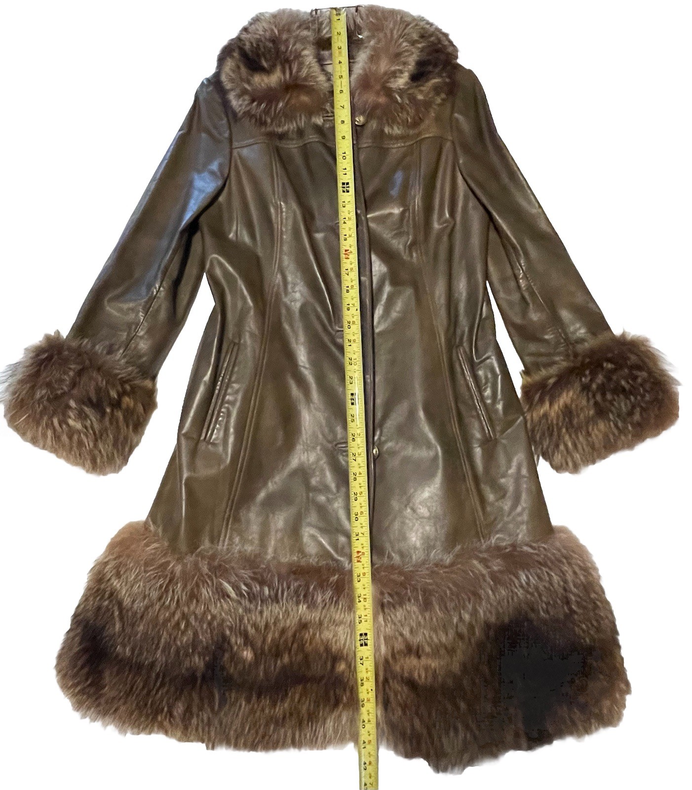 Vintage Brown Leather & Genuine Fur Swing Trench Coat Boho Bonnie Cashin Style